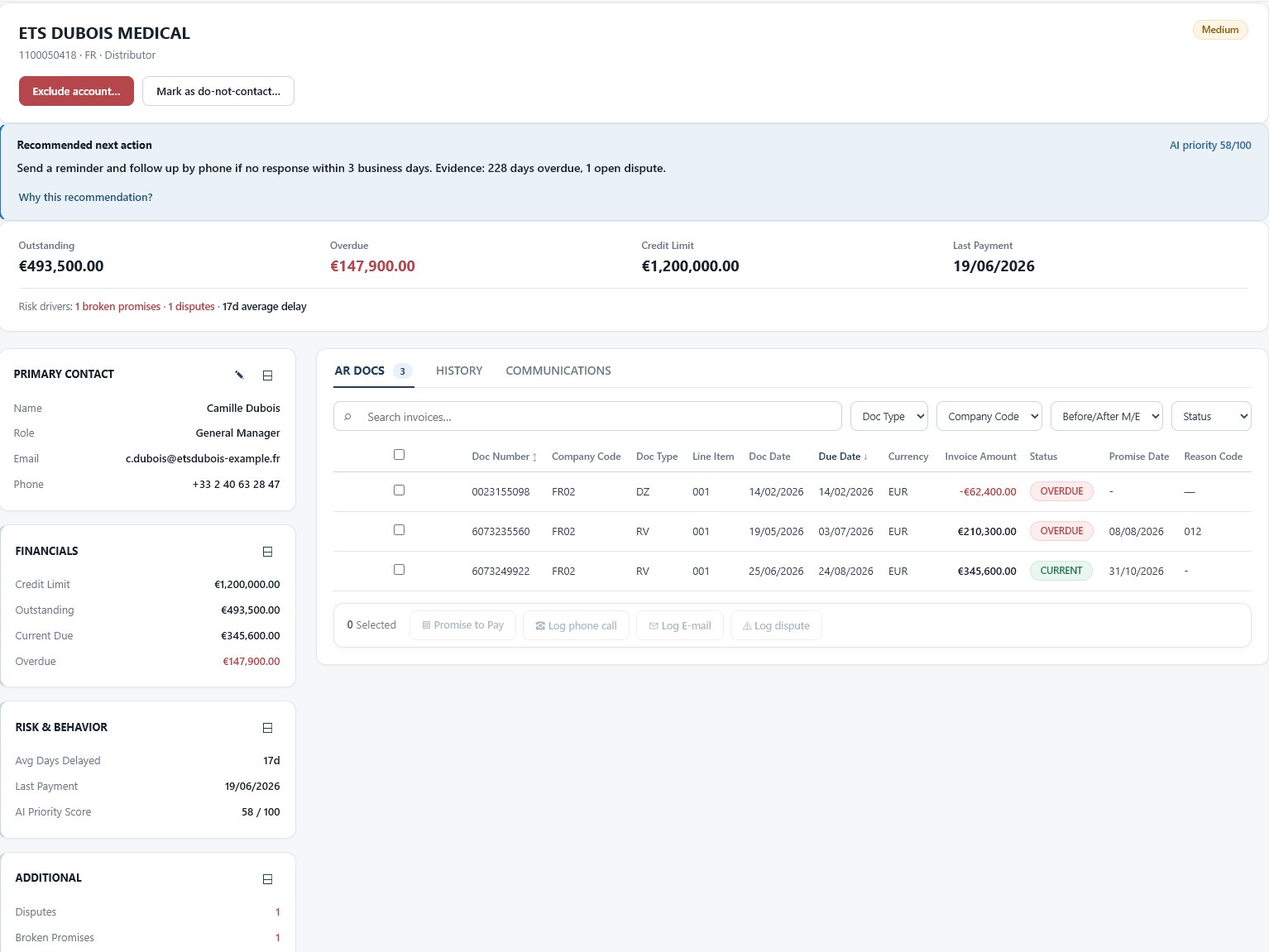 Zirconcash — customer case workspace with AI recommendation